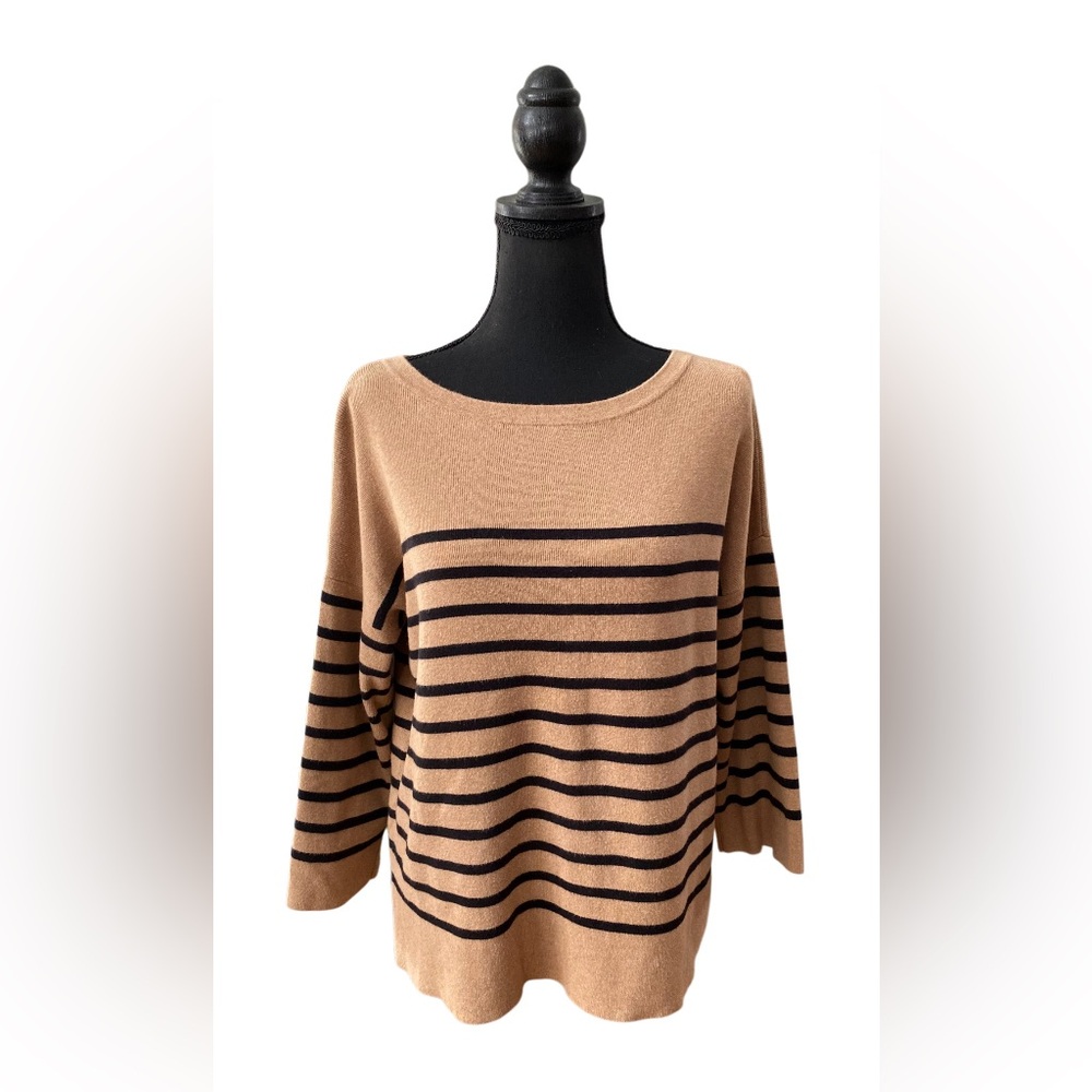 LOFT: Brown Cotton Sweater with Black Stripes